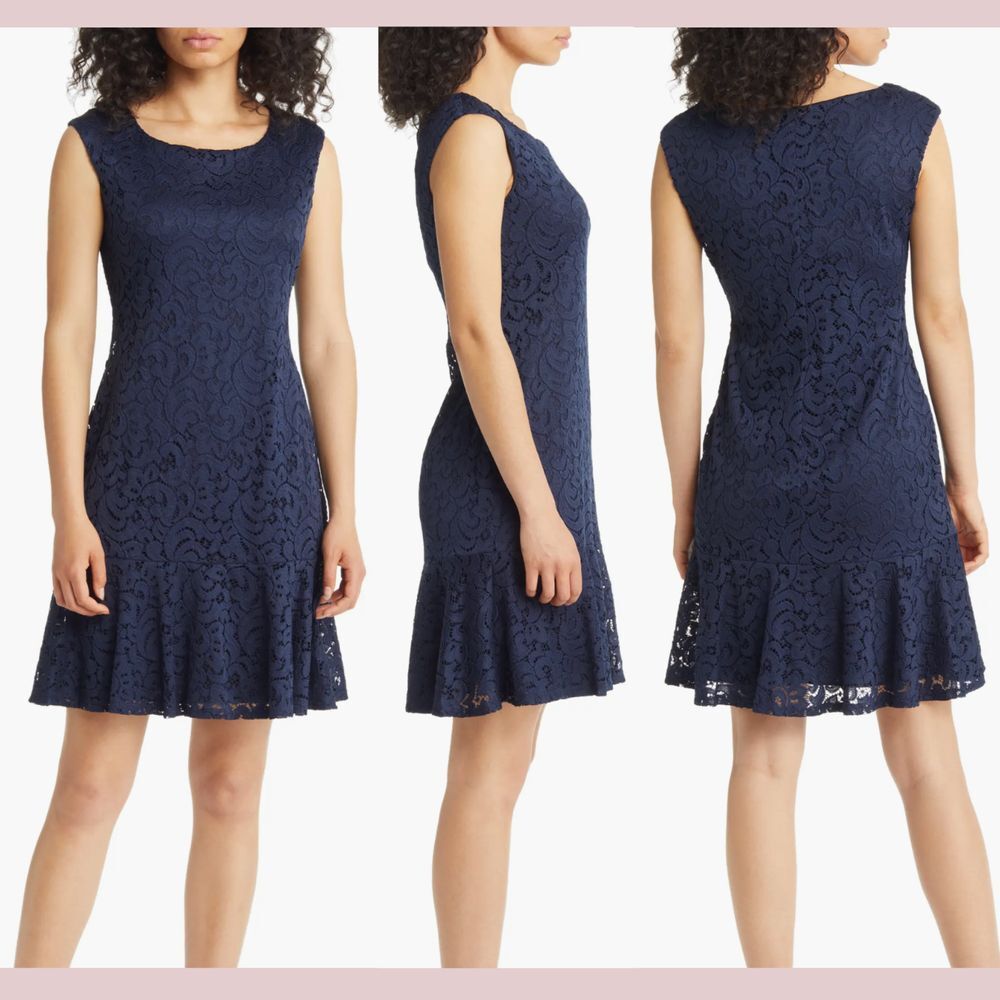 NEW $89 Connected Apparel [ 4 ] Sleeveless Flounce Hem Lace‎ Dress in Blue U1210
